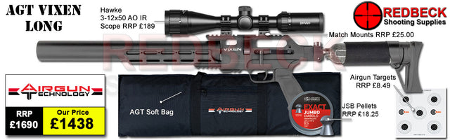 AGT AIRGUN TECHNOLOGY VIXEN LONG AIRRIFLE PACKAGE DEAL COMES WITH SCOPE, BAG, PELLETS AND TARGETS.