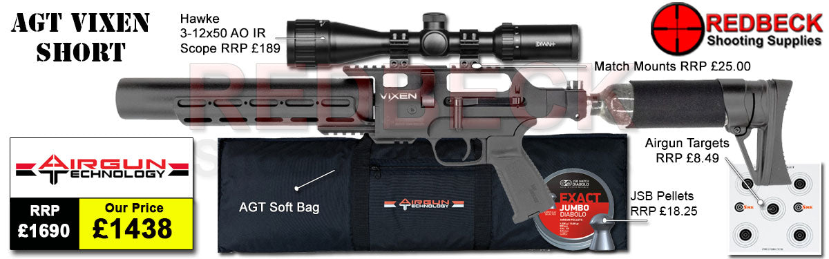 AGT Vixen package deal including AGT vixen air rifle, hawke 3-12x50 AO IR scope, AGT bag, pellets and targets