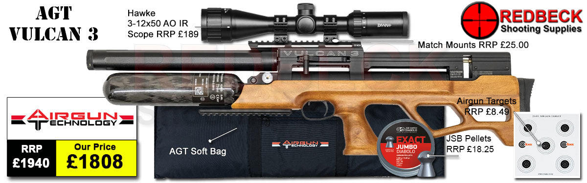 AGT Vulcan 3 walnut package deal including AGT vulcan 3 air rifle, hawke 3-12x50 AO IR scope, AGT soft bag, pellets and targets