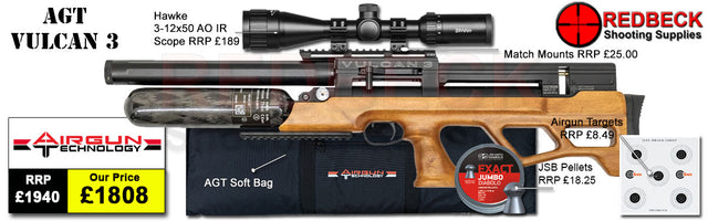 AGT Vulcan 3 walnut package deal including AGT vulcan 3 air rifle, hawke 3-12x50 AO IR scope, AGT soft bag, pellets and targets