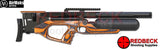 AirMaks Krait L air rifle. Orange laminate airgun shown from left hand side view.