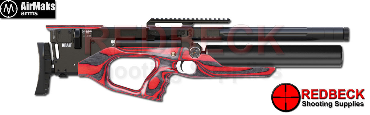 Air Maks Krait T L air rifle shown from the right hand side with red laminate stock