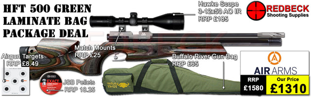 Air Arms HFT500 Target Rifle package deal includes Hawke scope 3-12x50AO IR, match mounts airgun bag and pellets.