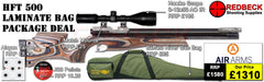 Air Arms HFT500 Target Rifle package deal includes Hawke scope 3-12x50AO IR, match mounts airgun bag and pellets.