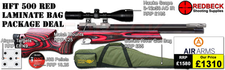 Air Arms HFT500 Target Rifle package deal includes Hawke scope 3-12x50AO IR, match mounts airgun bag and pellets.