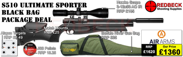 Air Arms S510 R Ultimate Sporter Regulated package deal includes a Air Arms Silencer, Hawke 3-12x50 AO IR Scope, Match Mounts, Fill Valve, Pellets, Targets and Air Rifle Bag.