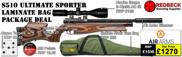 Air Arms S510 Ultimate Sporter non regulated in laminate stockpackage deal includes a Air Arms Silencer, Hawke 3-12x50 AO IR Scope, Match Mounts, Fill Valve, Pellets, Targets and Air Rifle Bag.