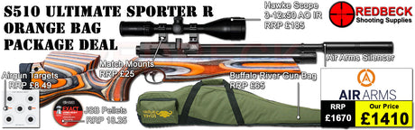 Air Arms S510 R Regulated laminate stock package deal includes a Air Arms Silencer, Hawke 3-12x50 AO IR Scope, Match Mounts, Fill Valve, Pellets, Targets and Air Rifle Bag.