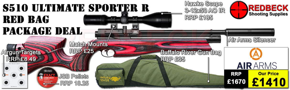 Air Arms S510 R Regulated laminate stock package deal includes a Air Arms Silencer, Hawke 3-12x50 AO IR Scope, Match Mounts, Fill Valve, Pellets, Targets and Air Rifle Bag.