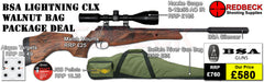 BSA Lightning CLX Walnut break barrel air rifle shown in package deal including Hawke scope, bag, pellets and targets