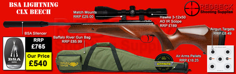 BSA lighting CLX beech break barrel air rifle in package deal including Hawke scope, bag, pellets and targets