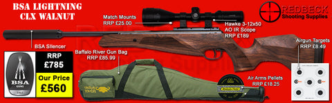 BSA Lightning CLX Walnut break barrel air rifle shown in package deal including Hawke scope, bag, pellets and targets