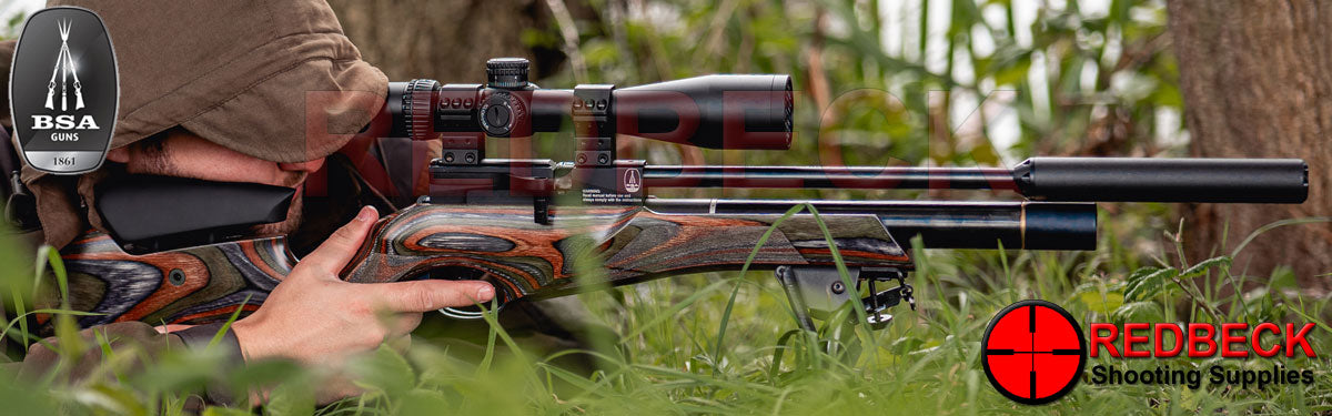 BSA ULTRA Pro Air Rifle Wilderness Edition with Green Laminate Stock shown in field including scope and silencer.