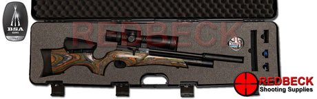 BSA ULTRA Pro Air Rifle Wilderness Edition with Green Laminate Stock shown in hard case with silencer and scope fitted.