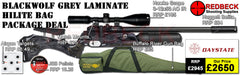 Daystate Black Wolf Grey Laminate Hi Lite Bag Package Deal features a huggett belita, Hawke 3-12x50, Buffalo river gunbag, targets, pellets and match mounts