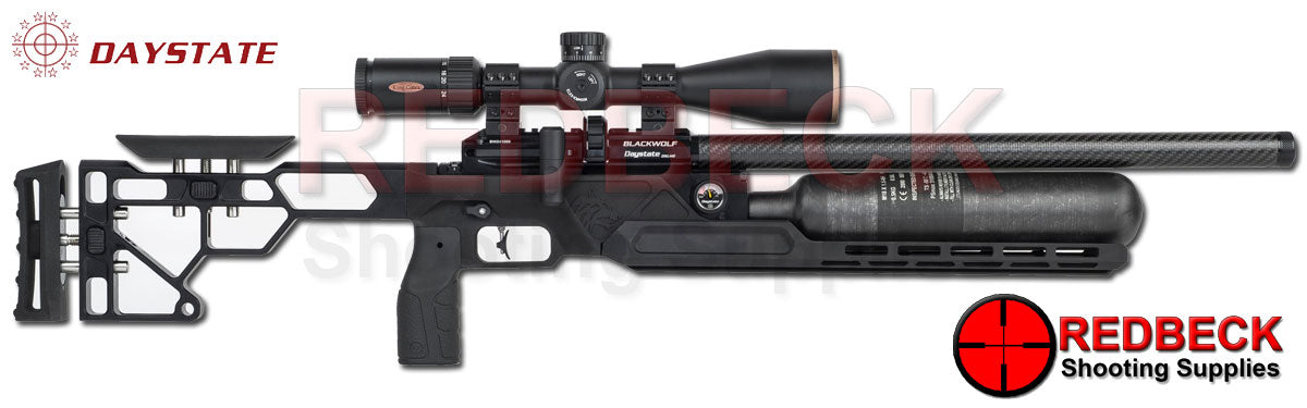 Daystate Blackwolf air rifle with tactical stock and carbon bottle shown from the right hand side