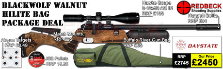 Daystate Black Wolf Walnut Hi Lite Bag Package Deal features a huggett belita, Hawke 3-12x50, Buffalo river gunbag, targets, pellets and match mounts