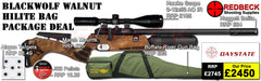 Daystate Black Wolf Walnut Hi Lite Bag Package Deal features a huggett belita, Hawke 3-12x50, Buffalo river gunbag, targets, pellets and match mounts