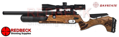 Daystate Blackwolf air rifle with walnut stock and carbon fibre bottle shown from the left hand side