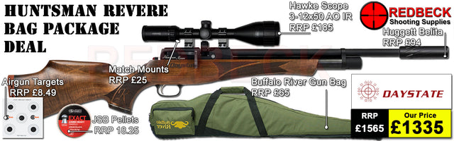 Daystate Huntsman Revere Bag Package Deal features a huggett belita, Hawke 3-12x50, Buffalo river gunbag, targets, pellets and match mounts