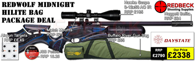 Daystate Red Wolf Midnight Hi Lite Bag Package Deal features a huggett belita, Hawke 3-12x50, Buffalo river gunbag, targets, pellets and match mounts