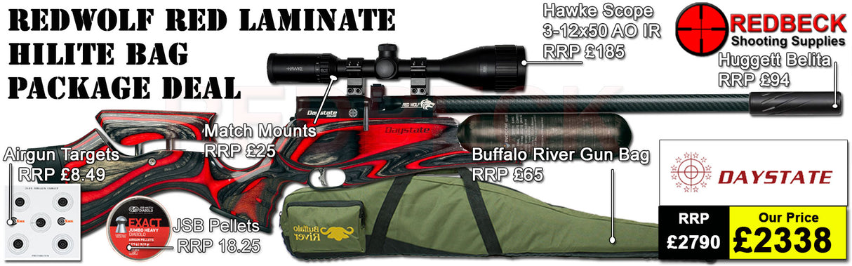 Daystate Red Wolf Midnight Hi Lite Bag Package Deal features a huggett belita, Hawke 3-12x50, Buffalo river gunbag, targets, pellets and match mounts