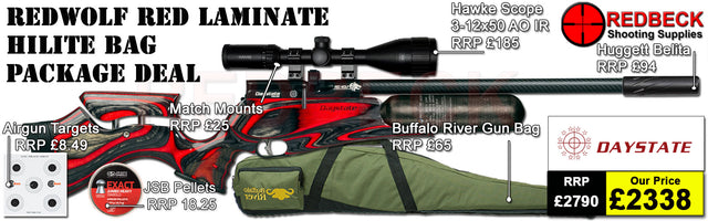 Daystate Red Wolf Midnight Hi Lite Bag Package Deal features a huggett belita, Hawke 3-12x50, Buffalo river gunbag, targets, pellets and match mounts