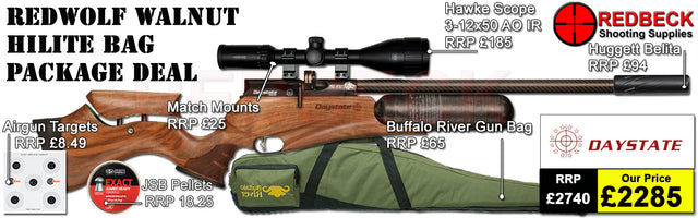 Daystate Red Wolf Walnut Hi Lite Bag Package Deal features a huggett belita, Hawke 3-12x50, Buffalo river gunbag, targets, pellets and match mounts