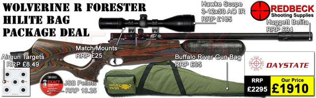 Daystate Wolverine R Forester Hi Lite Bag Package Deal features a huggett belita, Hawke 3-12x50, Buffalo river gunbag, targets, pellets and match mounts