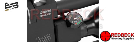 EDGAR BROTHERS EBA XV2 AIRRIFLE WITH BOTTLE CLOSE UP OF GAUGE TO SHOW AIR PRESSURE.