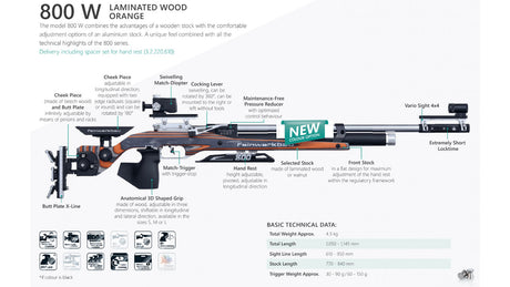 Feinwerkbau Model 800 W Laminated Wood Orange Air Rifle showing all the technical detail.