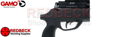 Gamo GX250 PCP Air Rifle with black stock. Close up of trigger mechanism.