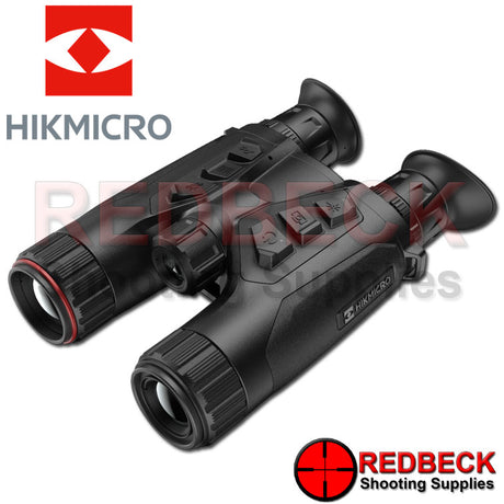 HIKMICRO Habrok HH35L 35mm 384x288 20mk Multi-Spectrum Thermal Imaging and Digital Night Vision Binoculars. Shown from left hand side angled view. Shown control buttons from the top.