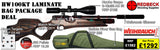 HW100KT LAMINATE STOCK AIRRIFLE BAG PACKAGE DEAL INCLUDES HW100KT LAMINATE, 3-12X50 AO IR HAWKE SCOPE, MATCVH MOUNTS, PELLETS TARGETS AND AIRGUN BAG