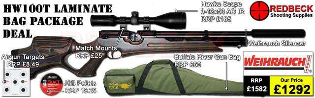 HW100T LAMINATE STOCK AIRRIFLE BAG PACKAGE DEAL INCLUDES HW100KT LAMINATE, 3-12X50 AO IR HAWKE SCOPE, MATCVH MOUNTS, PELLETS TARGETS AND AIRGUN BAG