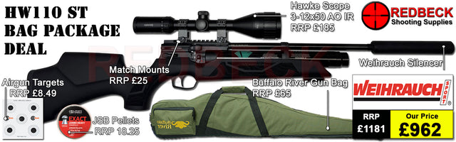 Weihrauch HW110 ST air rifle airgun bag package deal with hawke 3-12x50, weihrauch silencer, airgun targets, buffalo river bag, targets and match mounts