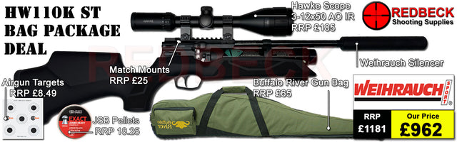 Weihrauch HW110 black carbine package deal including Hawke 3-12x50 AO IR scope, mounts, bag, JSB pellets and targets