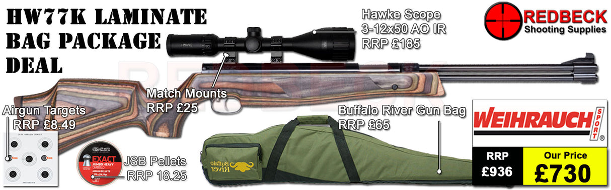 WEIHRAUCH HW77K SPECIAL EDITION GREEN LAMINATE AIRRIFLE BAG PACAGE DEAL. INCLUDES HW77K GREEN LAMINATE AIRGUN, HAWKE 3-12X50 SCOPE, MATCH MOUNTS PELLETS, TARGETS AND GUN BAG