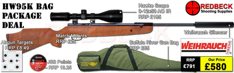 WEIHRAUCH HW95K AIRRIFLE BAG PACAGE DEAL. INCLUDES HW95K AIRGUN, HAWKE 3-12X50 SCOPE, MATCH MOUNTS PELLETS, TARGETS AND GUN BAG