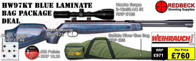 WEIHRAUCH HW97K BLUE LAMINATE AIRRIFLE BAG PACAGE DEAL. INCLUDES HW97K BLUE LAMINATE AIRGUN, HAWKE 3-12X50 SCOPE, MATCH MOUNTS PELLETS, TARGETS AND GUN BAG