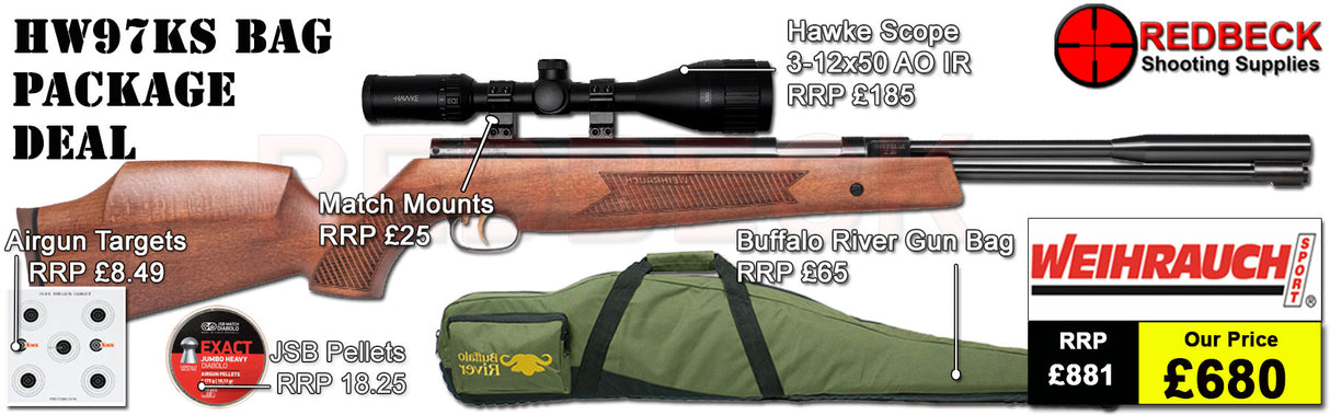 WEIHRAUCH HW97K BEECH SPORTER AIRRIFLE BAG PACAGE DEAL. INCLUDES HW97K WOOD AIRGUN, HAWKE 3-12X50 SCOPE, MATCH MOUNTS PELLETS, TARGETS AND GUN BAG