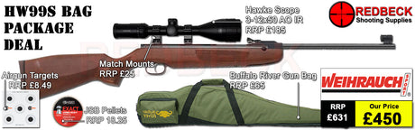 Weihrauch HW99s package deal including Hawke 3-12x50 AO IR scope, match mounts, buffalo river bag, pellets and targets