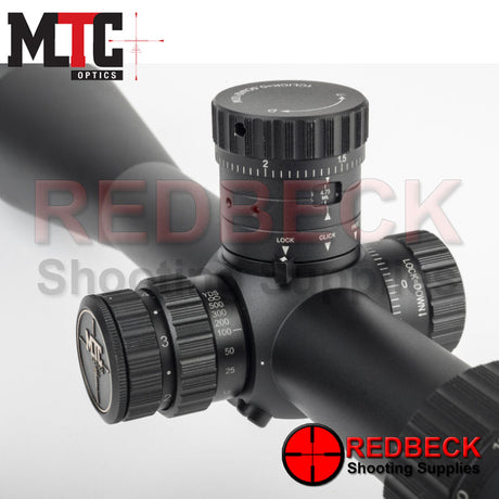 MTC King Cobra F1 8-32x50 First Focal Plane Scope. Close up of turrets and adjustable objective.