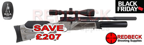 The BSA R12 CLX Pro Air Rifle with Black Pepper Laminate Thumbhole Stock, In super carbine length with Aluminium Bottle