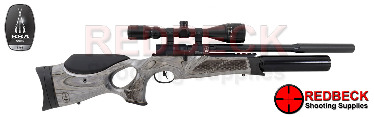 The BSA R12 CLX Pro Air Rifle with Black Pepper Laminate Thumbhole Stock, In super carbine length with Aluminium Bottle