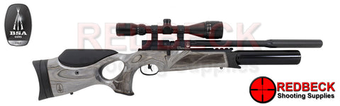 The BSA R12 CLX Pro Air Rifle with Black Pepper Laminate Thumbhole Stock, In super carbine length with Aluminium Bottle