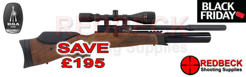 The BSA R12 CLX Pro Air Rifle with Walnut Thumbhole Stock, In super carbine length with Aluminium Bottle