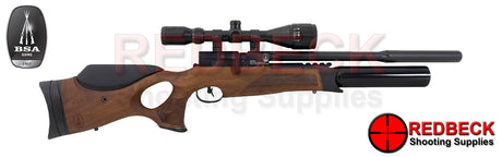 The BSA R12 CLX Pro Air Rifle with Walnut Thumbhole Stock, In super carbine length with Aluminium Bottle