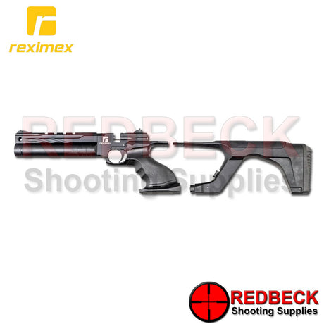 Reximex Mito Air Pistol shown in black with bolt on shoulder stock allowing conversion to a compact air rifle.