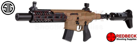 Sig Sauer MCX CANE BREAK AIR RIFLE IN PCP. THIS  PRECHARGED PNEMATIC AIRGUN IS IN TACTICAL BLACK AND FDE WITH A 30 SHOT .177 MAGAZINE.